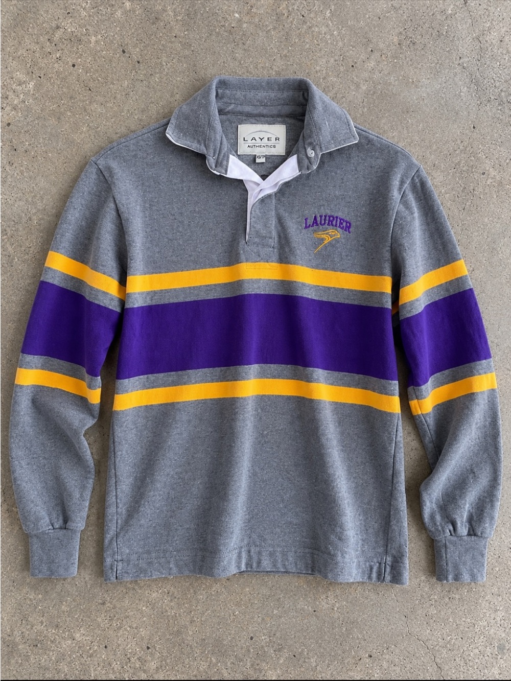 Y2K Laurier Golden Hawks Layer Authentics Rugby Shirt Purple Gold Grey XS Peppy